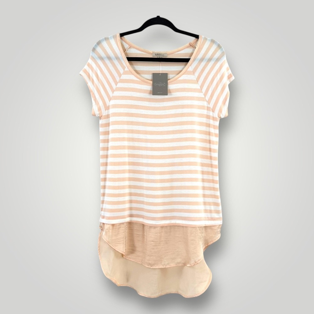 NEW Anthropologie‎ Bordeaux Shirt Womens S Nude Beige Striped High Low Hem Layer